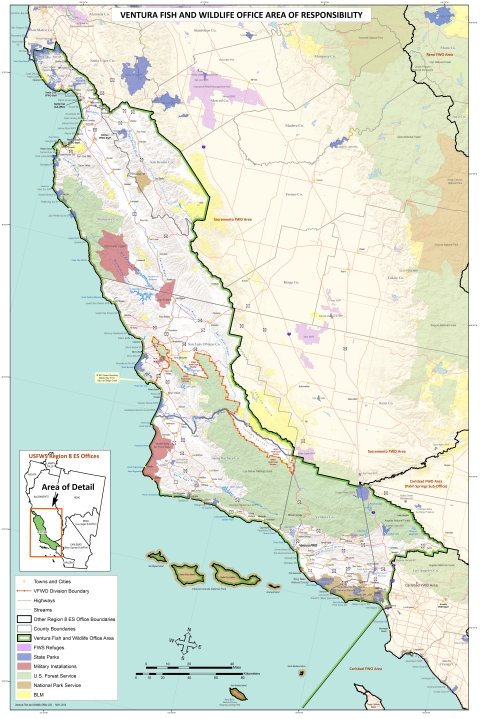 A map indicating the territory that fall's within the Ventura Fish and Wildlife Office's jurisdiction