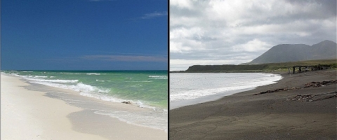 Two photo. Left photo of a white sand beach under deep blue sky. Right photo of black sand beach under cloudy sky with mountains in the distance