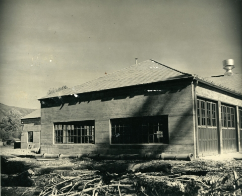 Black and white photo of newly completed concrete hatchery building in 1941.