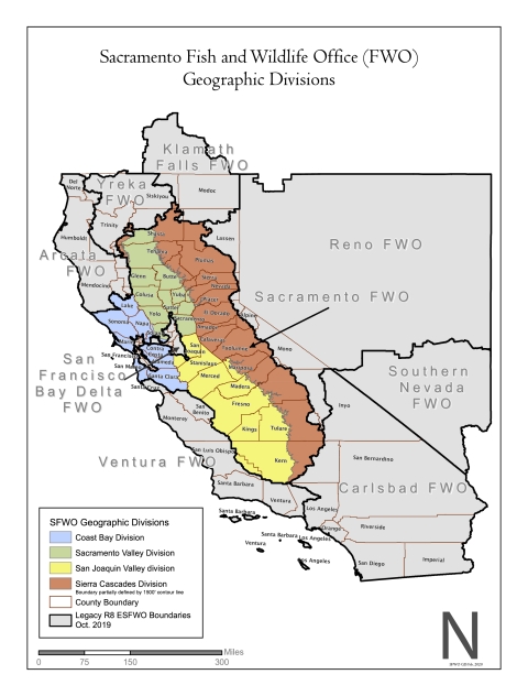 a map of california shows the various divisions of the Sacramento fish and wildlife office. The sierra division extends along the sierra nevada mountain range. The Sacramento Valley division extends from Red Bluff to Sacramento. The San Joaquin Division extends from south sacramento to bakersfield. The Coast bay division includes Sonoma, Contra Costa, San Mateo, Napa and Santa Clara Counties