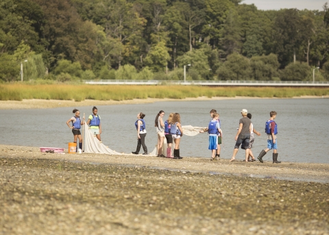 Group of students gathers by the shoreline with seine nets
