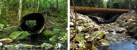 Two images. Left: undersized, perched culvert. Right: newly constructed bridge replaced the old culvert