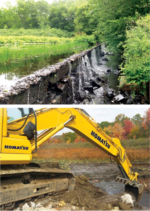 Two images. Top: water flowing over a dam with green plants in the background. Bottom: Large backhoe removing dam.