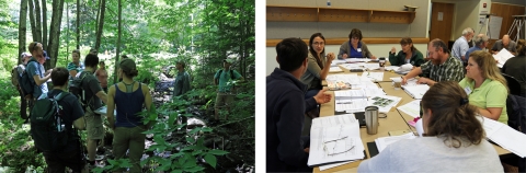 Two images. Left: group of people standing in a forest with clip boards. Right: Group of people sitting around a table with a lot of paper and discussion materials. 