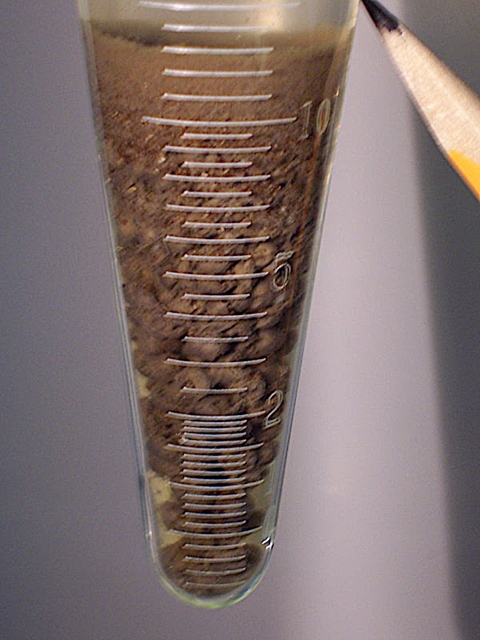 Fecal material was collected from the experiment tanks and tested to determine friability of the material. If the solids held together well, there were more larger, pieces. The larger the pieces the less leaching of phosphorous occurs. The solids as a percentage of the whole sample can be measured in the Imhoff cone.