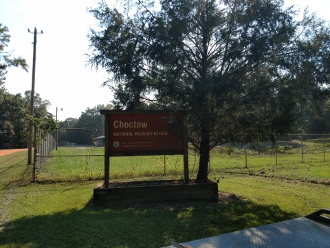 The entrance sign to Chactaw National Wildlife Refuge.