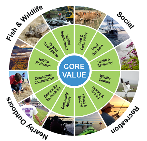 Coastal Program core values circle. text interlaced with images of people and wildlife. 