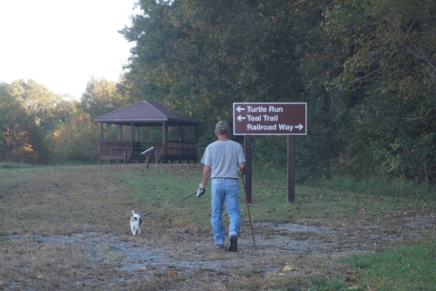 A person walking their dog on a gravel trail.
