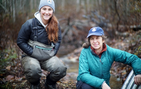 two women by a stream in the forest