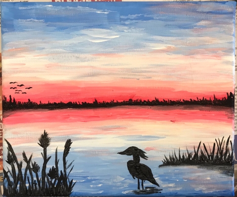 A wetland painting at sunset with a bird standing in the water.