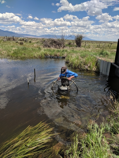 a person wading in a stream with a remote fish detection antenna