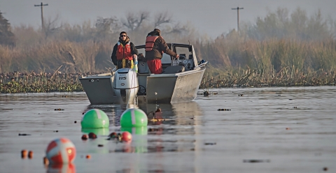 Two men in a motorized boat on a river with colored buoys trailing them