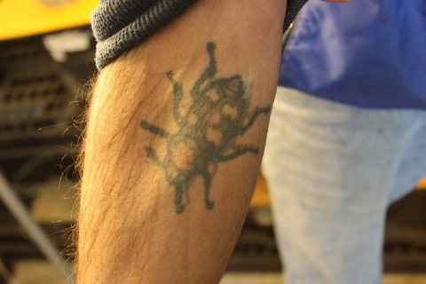 A tattoo of a beetle on a man's arm