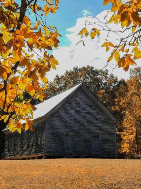 A historical church surrounded by trees in fall color.