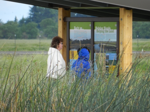 Visitors at Blue Heron Trails kiosk at Stone Lakes National Wildlife Refuge