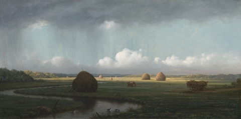 A painting created in the latter 1800 shows a greenish-brown marsh with a channel flowing through it to the image's left. Bails of salt-marsh hay and grazing cattle are visible, as are rainclouds and rain near the horizon. 