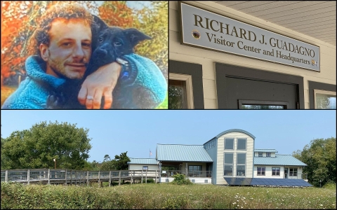 A portrait of Rich Guadagno holding his German shepherd puppy and two other photos: the entrance of the visitor center named for him, and a vie of the entire visitor center