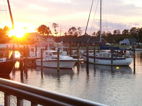 boat docks at sunset