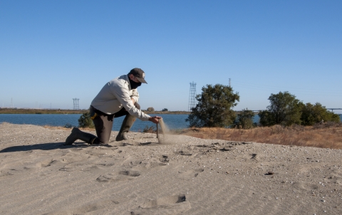 Kneeling man picks up a handful of sand with a body of water in the background