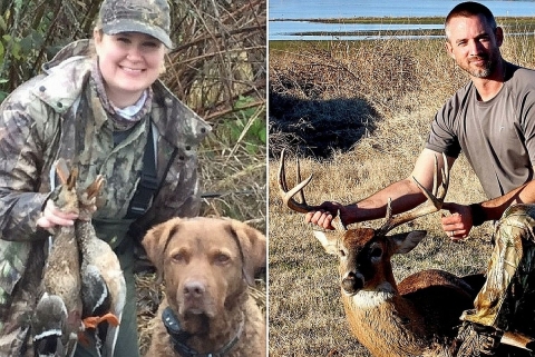 A female hunter with her dog, holding two ducks, and a male hunter with a deer buck