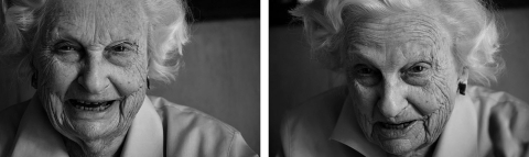 a black and white photo composite of an elderly woman's face looking at the camera