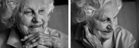 a black and white photo composite of an elderly woman's face