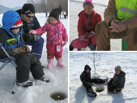 A collage of several young children ice fishing