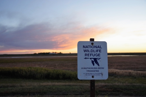 NWR Boundary sign at J. Clark Salyer at sunrise