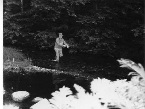 A man with a hat stands in a shallow stream holding a fishing rod