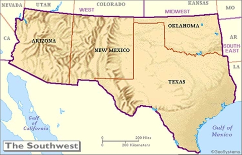 A map of the southwest region including Arizona, New Mexico, Texas Oklahoma