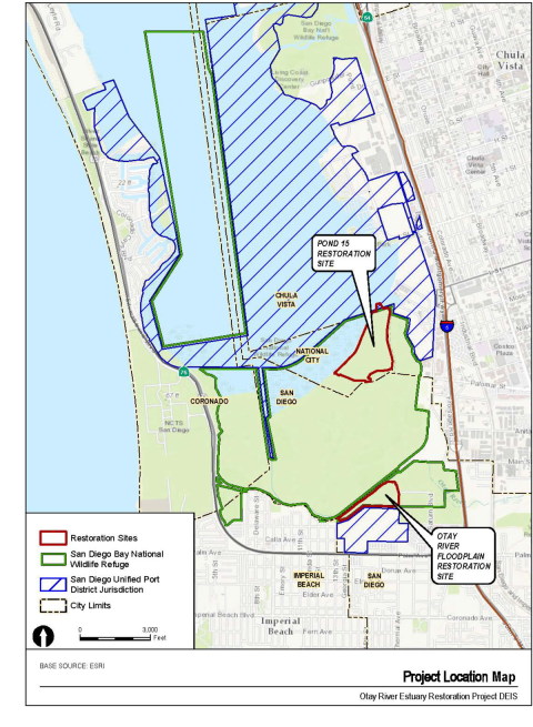 Project location map of the Otay River Estuary Restoration Project DEIS. Bottom left of map includes the map legend. Red polygons are restoration sites, green polygons is the San Diego Bay National Wildlife Refuge, blue polygon with inner lines are San Diego Unified Port District Jurisdiction, and dashed lines are city limits. The Otay River floodplain restoration site is marked south of San Diego Bay National Wildlife Refuge. Pond 15 restoration site is pointed out on the southeast corner of the bay. 