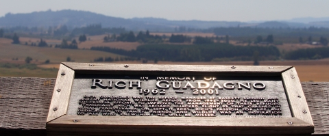 A framed plaque on a wooden rail overlooking a valley with mountains in the distance