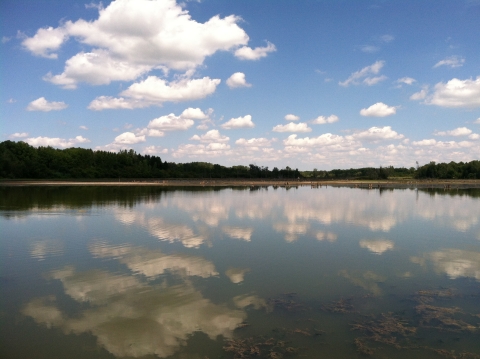 Image of open water with a reflection of clouds and blue sky