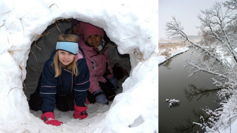 A two-photo colleague. Girls playing in a snow cave at the left and a winter riverscape at the right