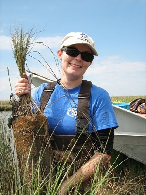 A woman in a marsh holds a handful of tall grass