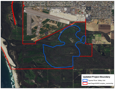 Map of Tijuana Slough National Wildlife Refuge. On the bottom right, the legend shows the updated project boundary. A blue polygon represents the Tijuana River Valley Unit and the red polygon represents San Diego NWR Complex ownership. To the left of the map, the Pacific Ocean coastline is visible. The blue polygon is located inside the red polygon on the most eastern side of the refuge. 