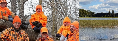 Three generations of one family in the woods together in bright orange outdoor gear