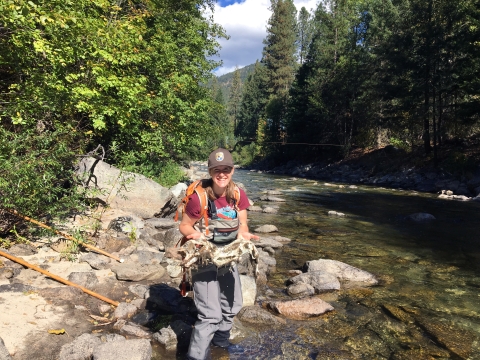 A smiling woman in waders, t-shirt, and Service ballcap, wearing a backpack, stands in the shallow water of a rocky stream, holding up a well-decayed salmon carcass.