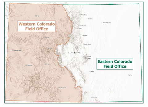 Jurisdiction of the two field offices in Colorado. Generally, the Western Colorado Field Office serves the state west of the continental divide and the Eastern Colorado Field Office serves the state east of the continental divide.