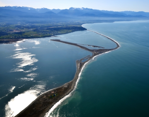 Aerial Photograph of the Dungeness Spit with the Olympic Mountains