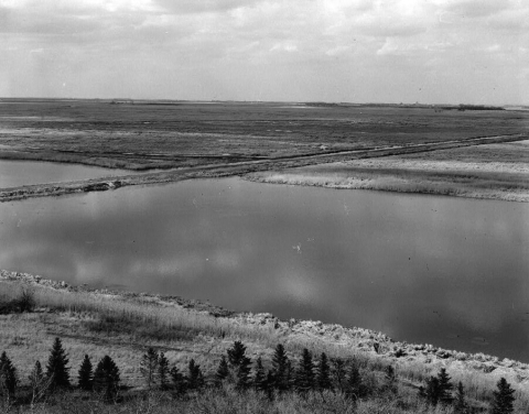Historic view of the Souris River and Dam 326 from J. Clark Salyer NWR headquarters lookout tower.