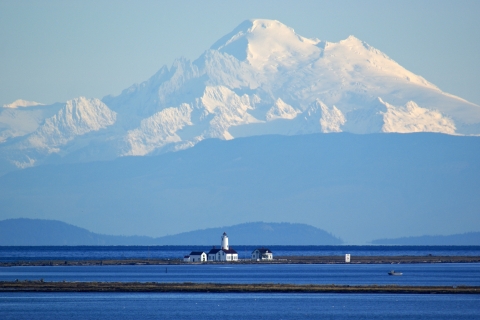 Mount Baker Looms Large Behind the New Dungeness Lighthouse