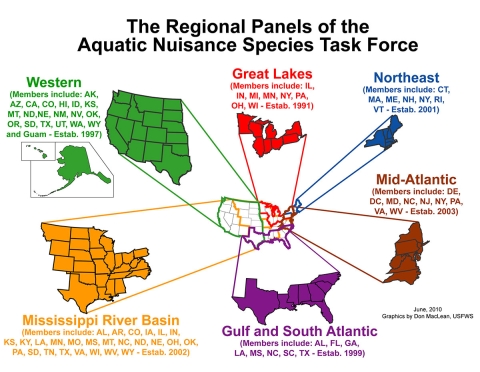 color coded regional panels of the Aquatic Nuisance Species Task Force