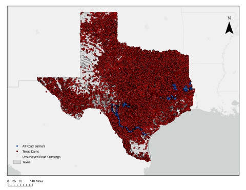 Map of Texas river barriers.  Map is almost completely covered with known barriers.
