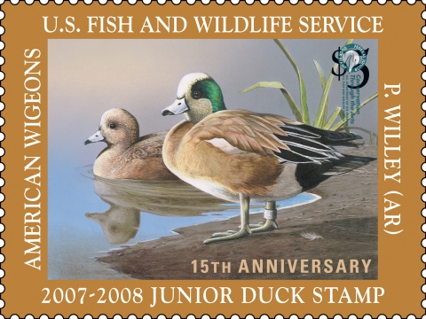Junior Duck Stamp depicting two American Wigeons resting along the shoreline of a pond