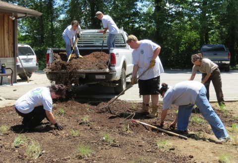 Group of YCC enrollees mulching wildflower bed