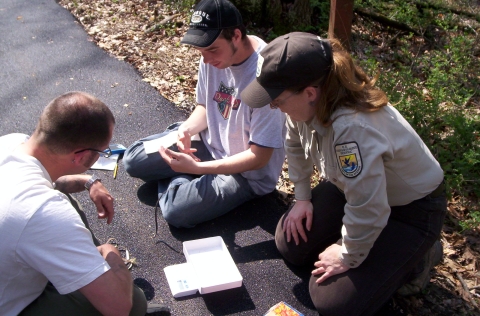 Biologist confering with two interns on trail