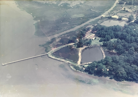 Overhead view of a long dock stretched out into an open body of water. Trees and ponds are on the right side and a tidal creek is on the left.