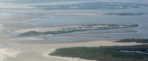 Aerial view of sandy beaches and coves interspersed with low vegetation