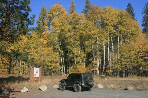 Black jeep parked next to an interpretive sign and aspen grove in full fall color. 
